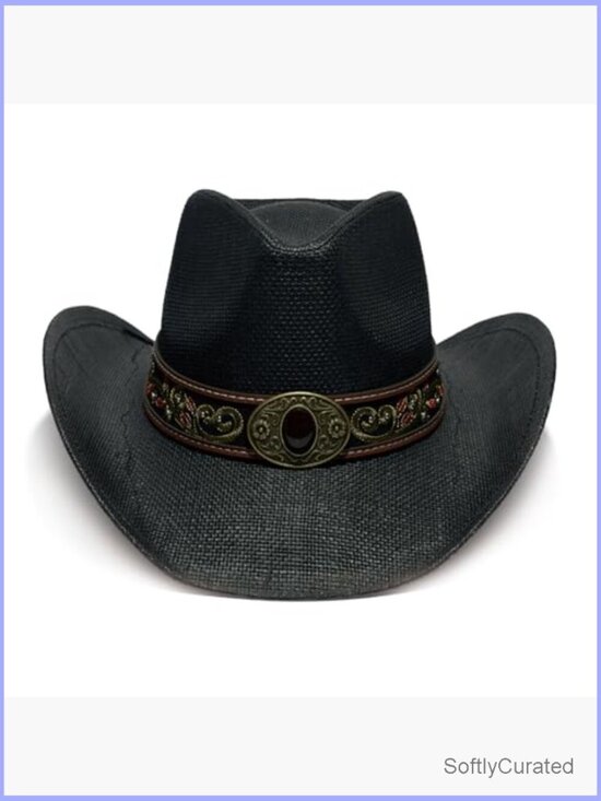 Straw Cowboy Hat with Decorative Band - Unisex Wide Brim Sun Hat main image 4
